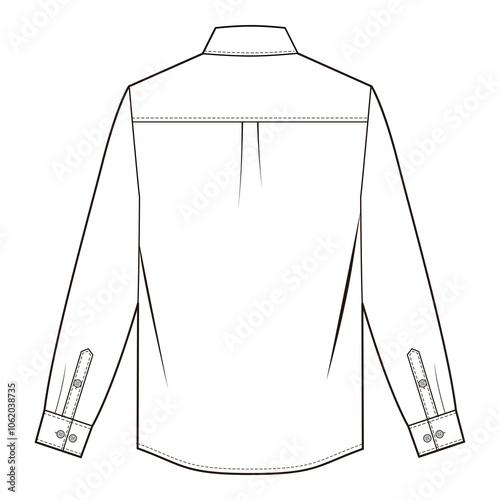 Back view of long-sleeve shirt with yoke seam, box pleat, and cuff details in minimalist technical drawing.
