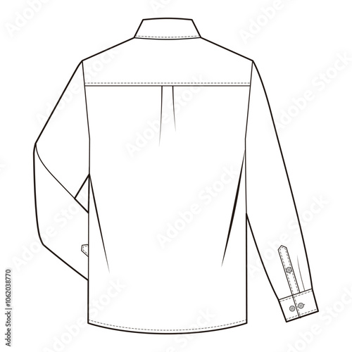 Back view of long-sleeve shirt with box pleat, yoke seam, and button cuffs, minimalist style.
