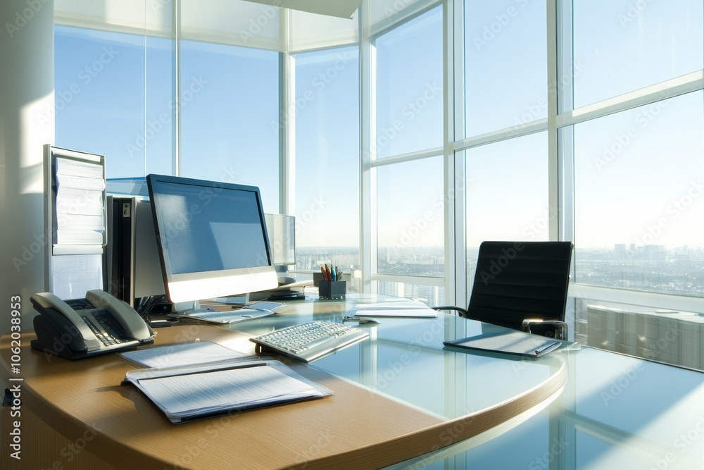 A minimalist administrative office with a large, modern wooden or glass desk A minimalist administrative office with a large, modern wooden or glass desk
