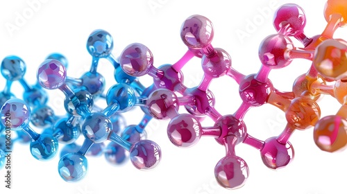 A colorful molecule is shown in a line, with the colors blue, pink, and orange