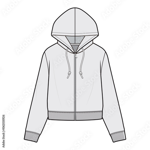 Front view of zip-up hoodie with drawstring hood, ribbed cuffs, and hem in minimalist line art.
