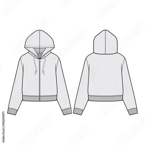 Front and back view of zip-up hoodie with drawstring hood, ribbed cuffs, and hem in minimalist style.
