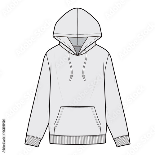 Front view of white hoodie with drawstring hood, kangaroo pocket, ribbed cuffs, and hem in flat illustration.
