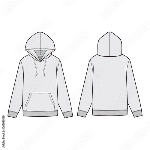 Front and back view of white hoodie with drawstring hood, kangaroo pocket, ribbed cuffs, and hem in minimalist line art style.
