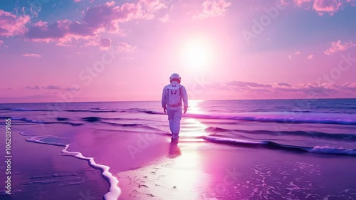 An Astronaut Strolling Along a Serene Beach During a Breathtaking Sunset, Creating a Dreamlike Scene