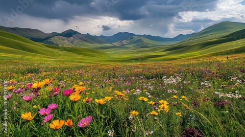 A vast field of colorful wildflowers blooms under a dramatic sky in a mountainous valley.