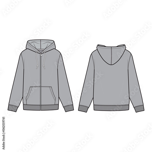 Gray Zip Up Hoodie Front and Back Technical Drawing

