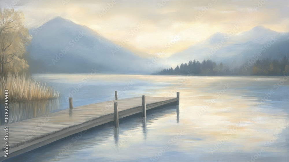 Naklejka premium Peaceful lake dock at dawn, soft pastel colors reflecting in calm waters, mountains in the background