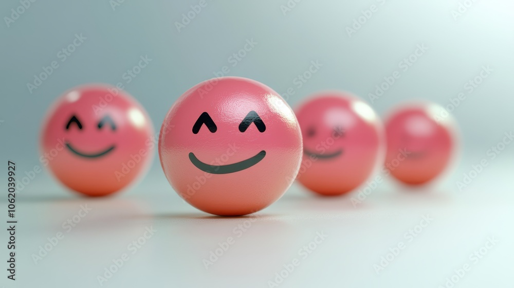 Four pink smiling balls with black eyes. The balls are arranged in a row, with the first one on the left and the last one on the right. Concept of happiness and positivity Four pink smiling balls with black eyes. The balls are arranged in a row, with the first one on the left and the last one on the right. Concept of happiness and positivity