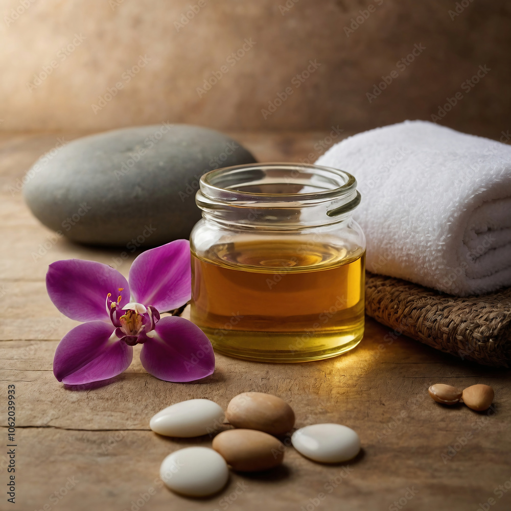 Calming Spa Setup with Essential Oil and Aromatic Flower