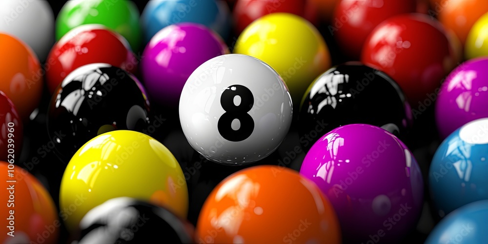 Colorful Pool Balls with Number Eight in Focus Colorful Pool Balls with Number Eight in Focus