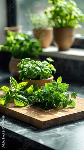 Close up shot of fresh aromatic herbs like basil mint parsley and rosemary placed on a wooden cutting board or table in a cozy green filled kitchen  The image conveys a sense of homemade photo