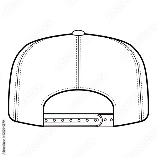 Straight back view of a six-panel cap with snapback closure and ventilation eyelets, showing button top and structured form.
