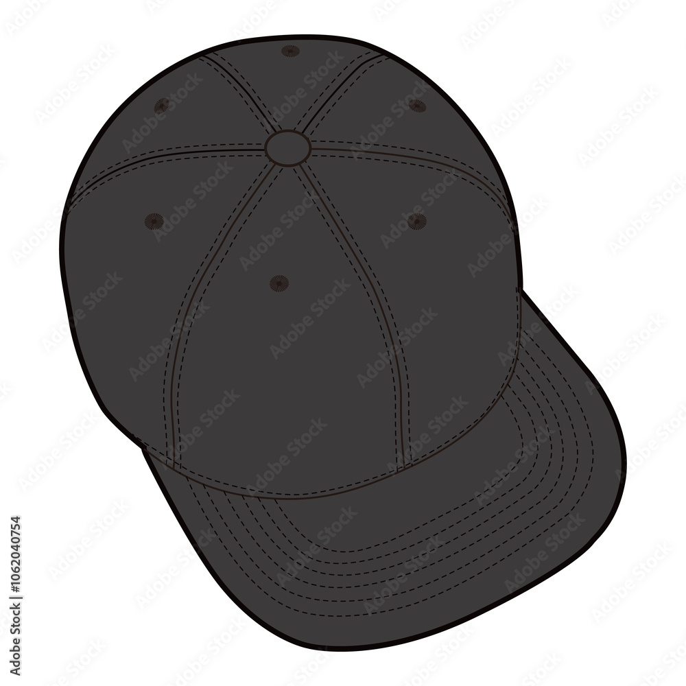 Top-down angled view of black cap with button top and structured stitching, showcasing eyelets.
Top-down angled view of black cap with button top and structured stitching, showcasing eyelets.