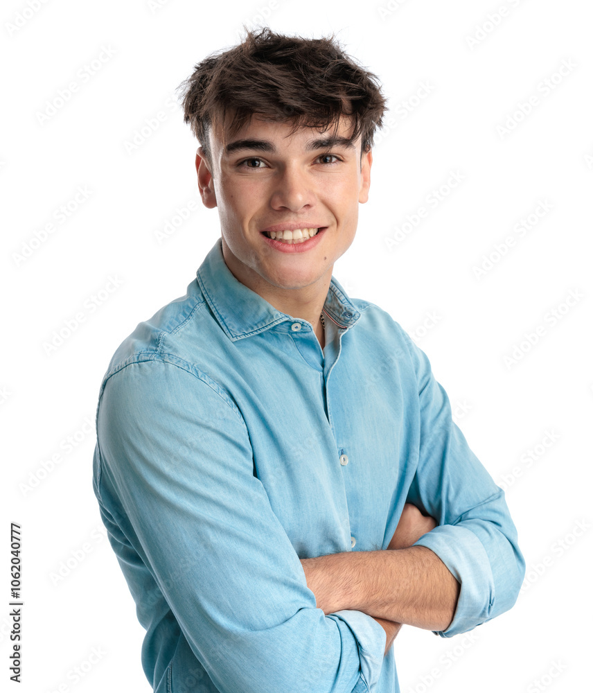 confident casual guy in denim shirt folding arms and looking forward confident casual guy in denim shirt folding arms and looking forward