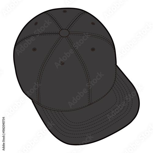 Top-down angled view of black cap with button top and structured stitching, showcasing eyelets.
