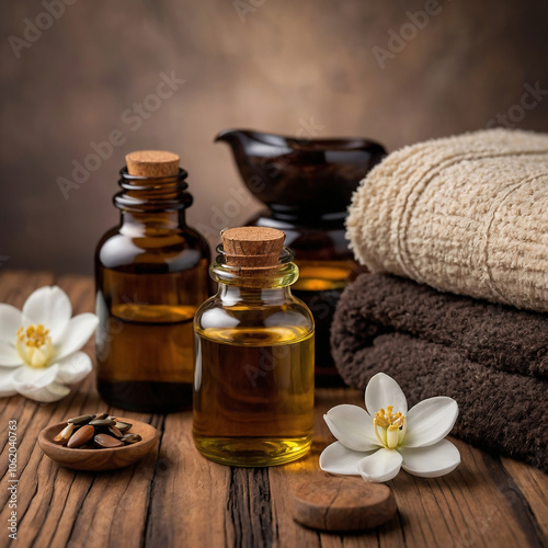 Relaxing Spa Setting with Massage Oil, Candle, and Towels