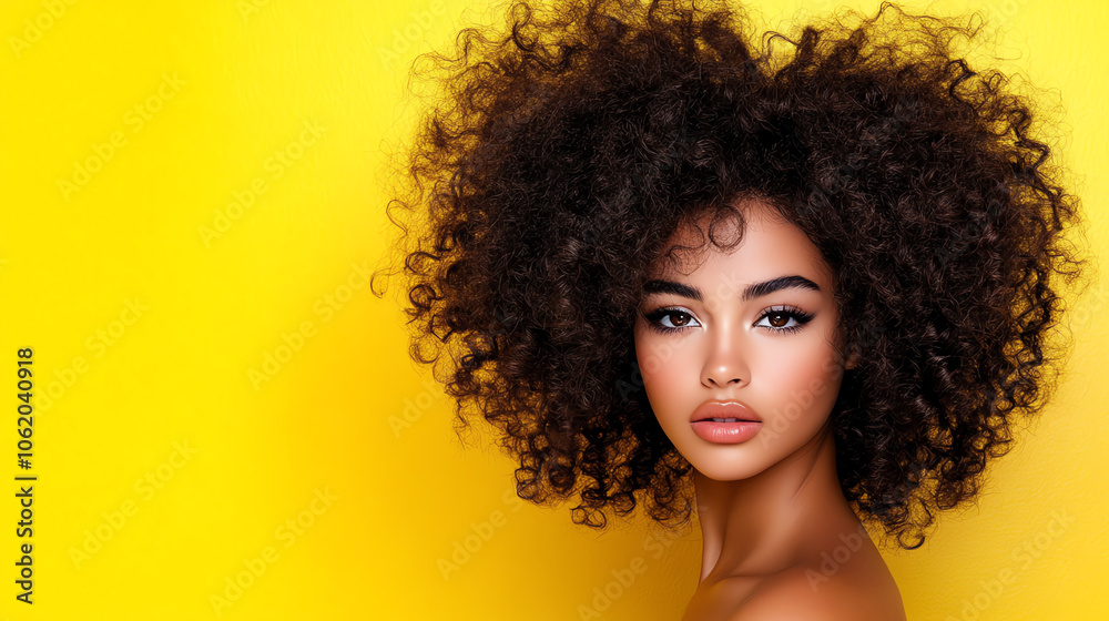 © Marketplace - A beautiful woman with voluminous curly hair posed against a bright yellow background, showcasing vibrant beauty and confidence.