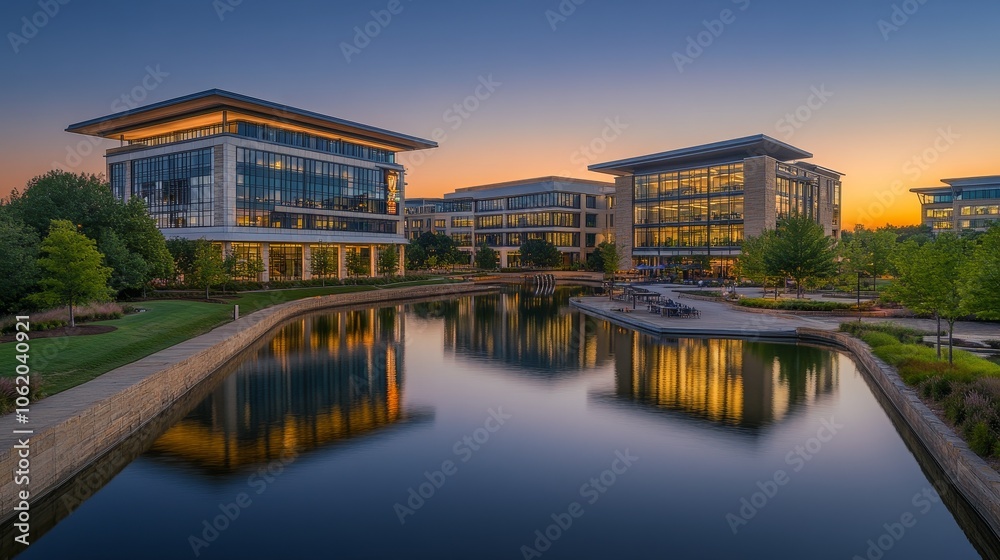 Modern office buildings reflecting in a serene water body at sunset. Modern office buildings reflecting in a serene water body at sunset.