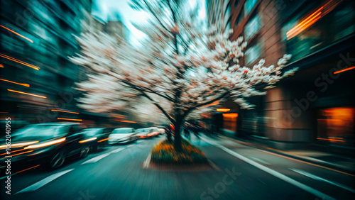 Wallpaper Mural Dynamic urban scene with a cherry tree in full bloom amidst the blur of city life, capturing the contrast between nature and urban speed Torontodigital.ca