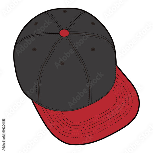 Angled view of black and red cap with flat brim and detailed stitching on the brim and panels.
