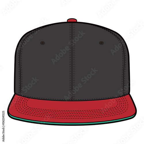 Front view of black and red flat brim cap with structured panel stitching.

