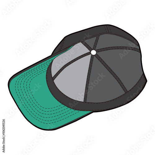 Tilted bottom view of black cap showing green under brim and structured stitching.
