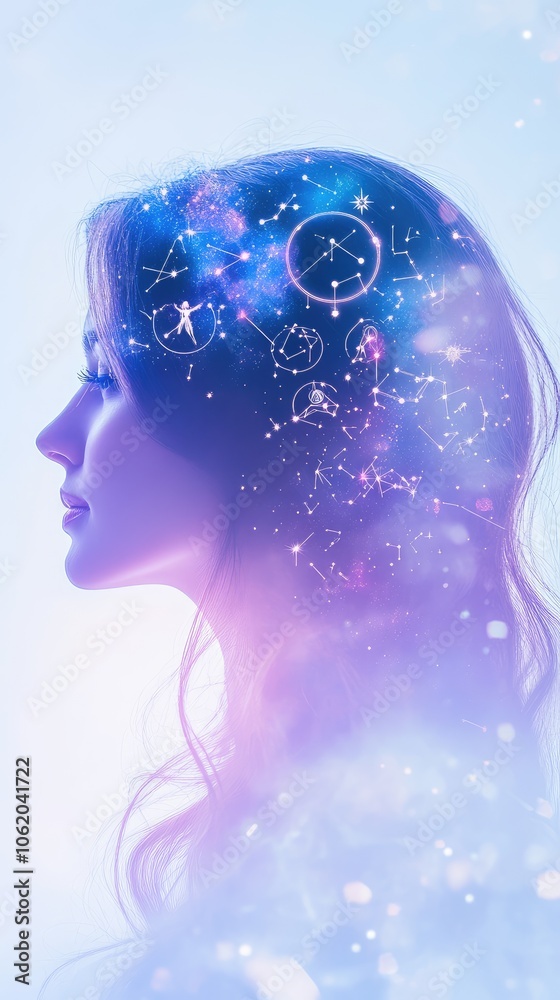 A beautiful woman's profile with the zodiac signs on her head, against a background of a white, sky blue, and light purple gradient, A beautiful woman's profile with the zodiac signs on her head, against a background of a white, sky blue, and light purple gradient,