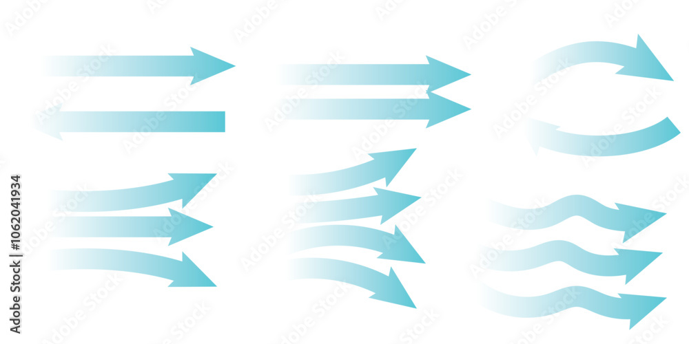 Air flow. Set of blue arrows showing direction of air movement. Wind direction arrows. Blue cold fresh stream from the conditioner. Vector illustration isolated on white background. Air flow. Set of blue arrows showing direction of air movement. Wind direction arrows. Blue cold fresh stream from the conditioner. Vector illustration isolated on white background.