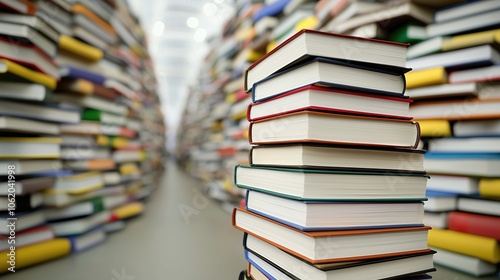 Stack of books is piled on top of each other in a library. The books are of different sizes and colors, and they are arranged in a way that they are all facing the same direction photo