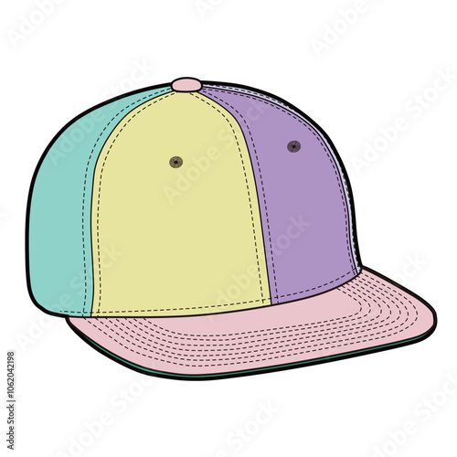 Side angled view of pastel six-panel baseball cap with stitched details and pink visor in flat illustration.
