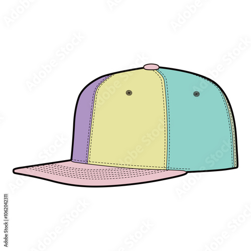 Angled side view of pastel six-panel baseball cap with pink visor and multicolor panels in flat illustration.
