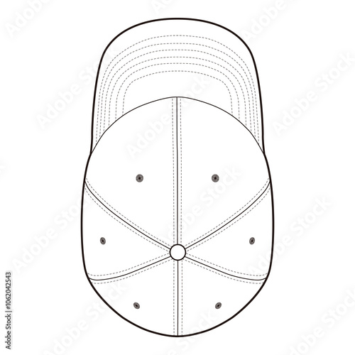 Underneath view of plain six-panel baseball cap showing interior panel stitching and curved visor in minimalist line art.
