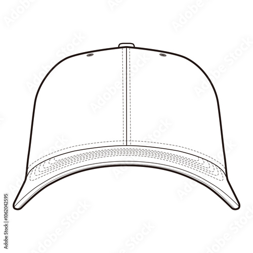 Front view of plain six-panel baseball cap with curved visor and stitched details in minimalist line art.
