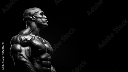 Powerful black bodybuilder man posing in dramatic lighting against a black background. A muscular figure stands confidently, showcasing strength and dedication in stark contrast.