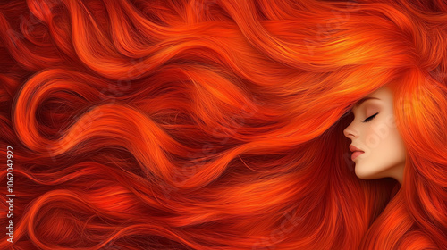 A close-up portrait of a woman with vibrant red hair flowing gracefully, showcasing beauty and elegance against a soft blurred background.