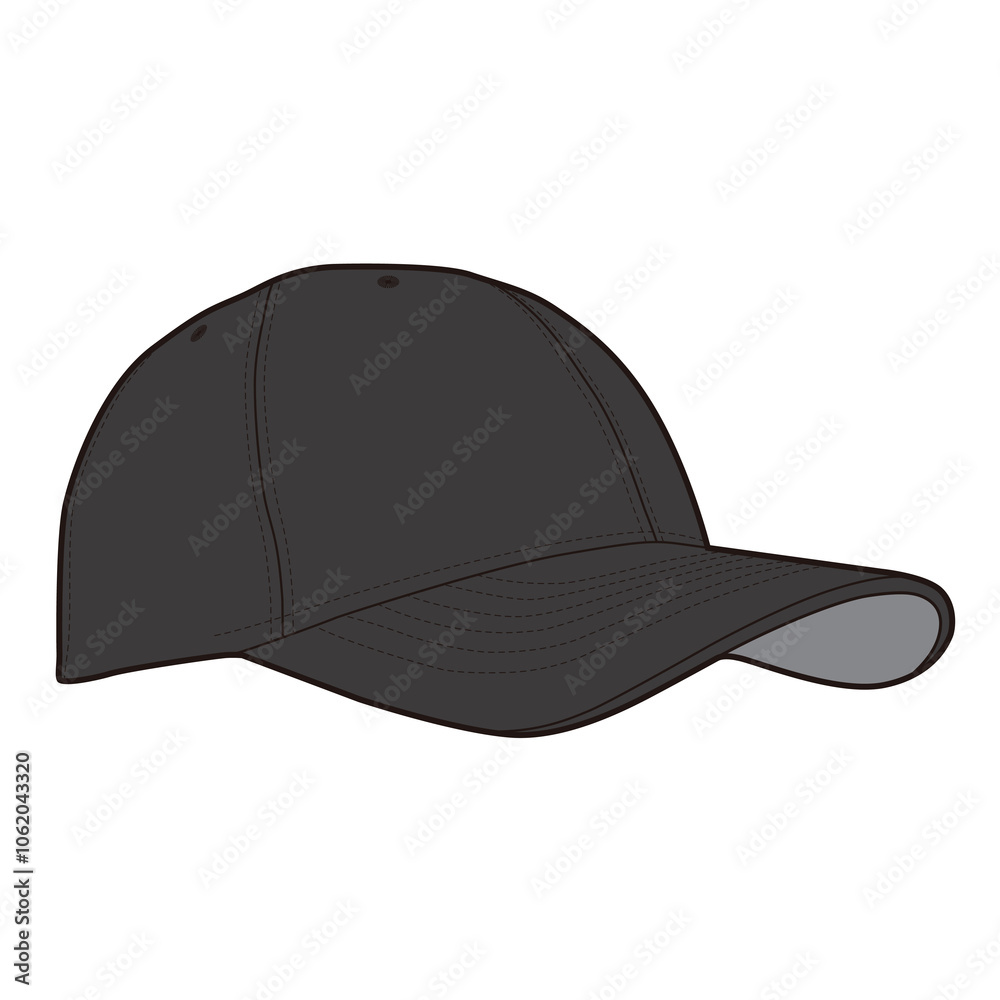 Opposite side view of plain black six-panel baseball cap with curved visor and shaded underbill in minimalist illustration.
Opposite side view of plain black six-panel baseball cap with curved visor and shaded underbill in minimalist illustration.