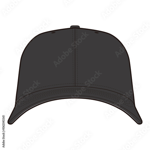 Front view of plain black six-panel baseball cap with curved visor in minimalist flat illustration.
