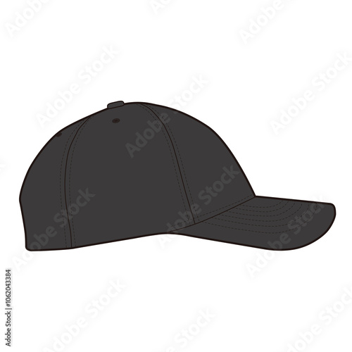 Side view of plain black six-panel baseball cap with curved visor in minimalist illustration.
