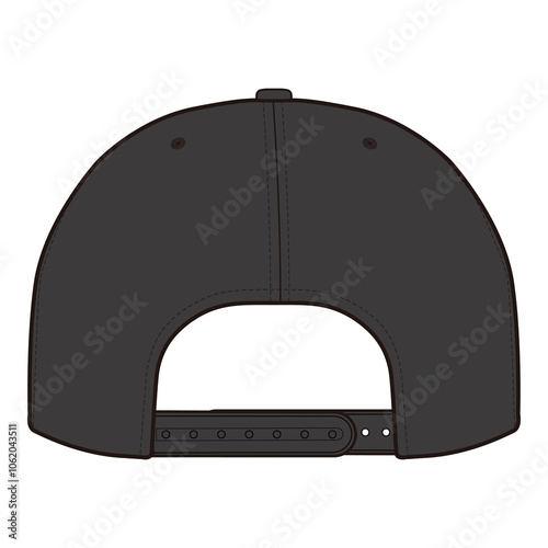 Back view of plain black baseball cap with adjustable snapback closure in minimalist illustration style.
