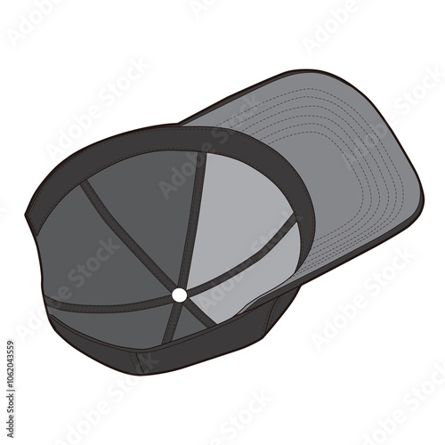 Inside view of black baseball cap, showing inner structure and visor in flat style illustration.
