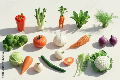 Cartoon anime style top view set of vegetables on white background photo