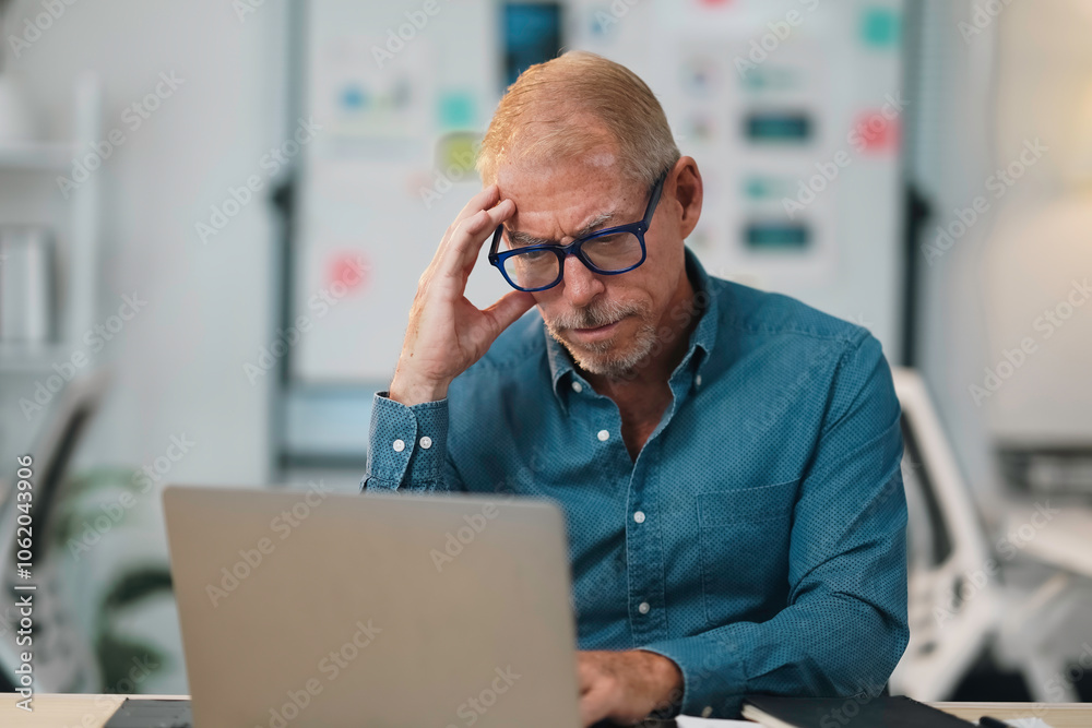 Stressed mature entrepreneur touching his head while using laptop at workplace, suffering from migraine Stressed mature entrepreneur touching his head while using laptop at workplace, suffering from migraine