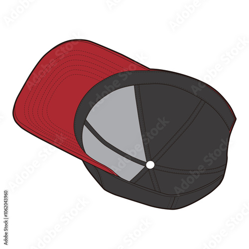 Interior view of black cap with red visor, displaying contrasting colors and structured six-panel design.

