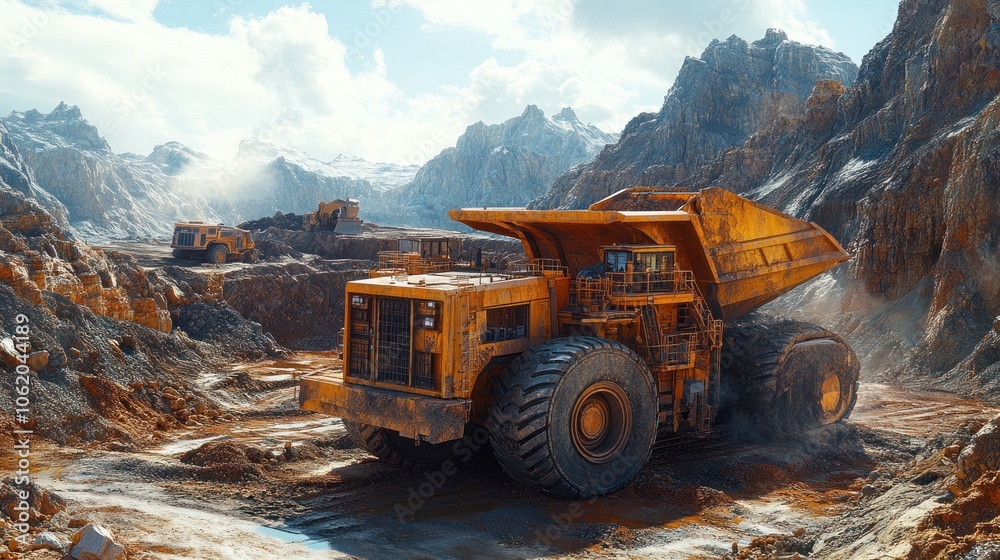 Industrial scene with a large dump truck in a mountainous landscape. Industrial scene with a large dump truck in a mountainous landscape.