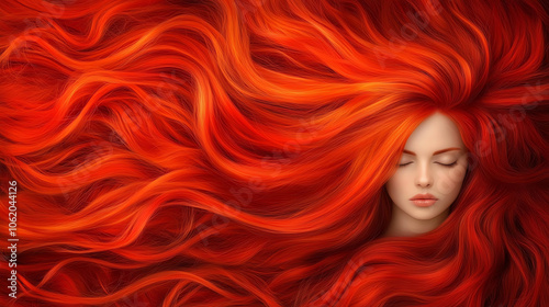 A serene portrait of a woman with flowing red hair, interspersed with soft waves, creating a surreal, dreamy atmosphere.