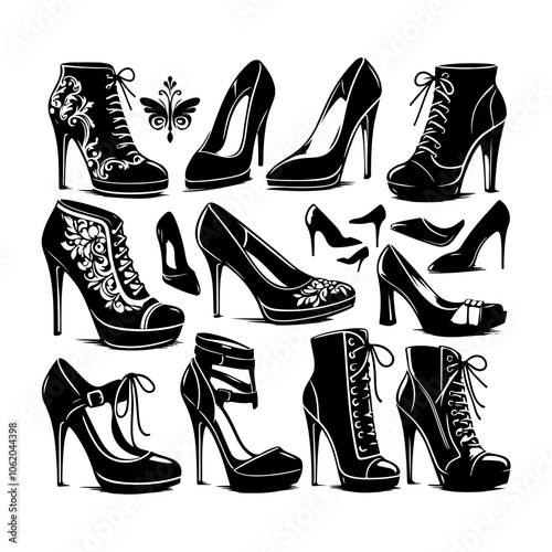 Ladies shoes Set silhouette vector, Shoes icon illustration, Women shoes silhouette fashion on a white background