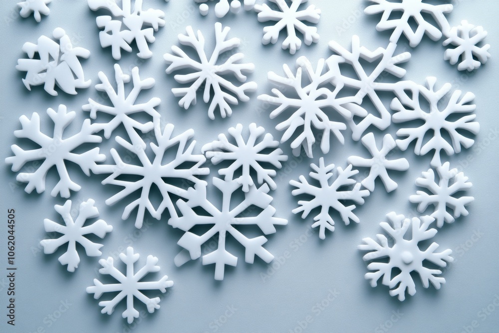 2D illustration of snow flurries with soft snowflakes drifting down, capturing the simple and peaceful beauty of snowfall against a white background, symbolizing calmness and grace