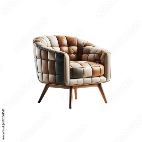 Modern Armchair with Tufted Beige and Brown Leather Side View on Transparent Background
