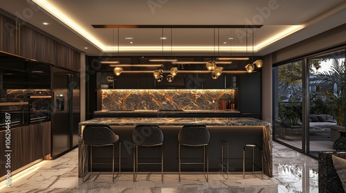 Luxurious kitchen design with high-end finishes and stylish lighting